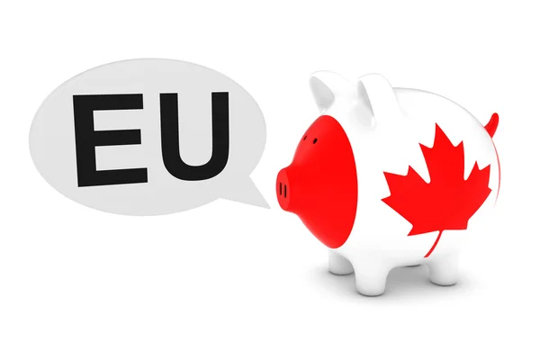 Canada vlag spaarvarken met Eu tekst toespraak Bubble 3d illustratie — Stockfoto