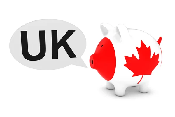Canada vlag spaarvarken met Uk tekst toespraak Bubble 3d illustratie — Stockfoto