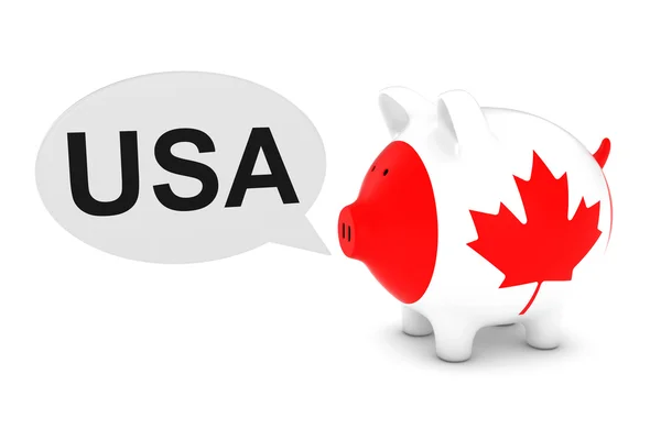 Canada vlag Piggy Bank met USA tekst toespraak bubble 3D illustratie — Stockfoto