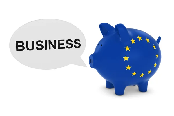 Bandeira da UE Piggy Bank com Business Text Speech Bubble Ilustração 3D — Fotografia de Stock