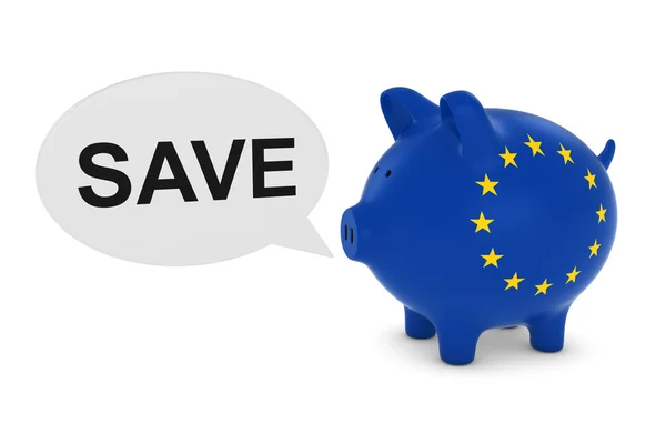 Salvataggio del salvadanaio della bandiera UE con illustrazione 3D della bolla di discorso di testo — Foto Stock