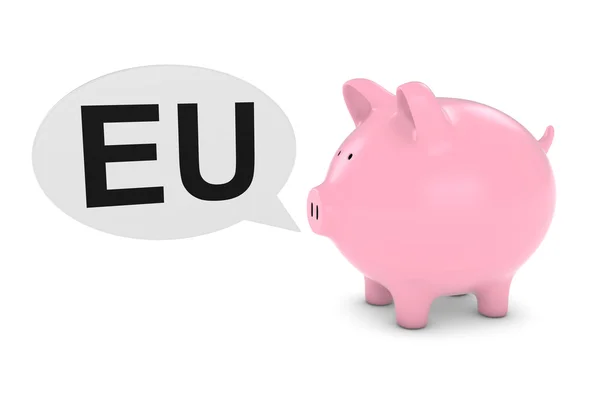 Piggy Bank con la ilustración 3D de la burbuja del discurso del texto de la UE —  Fotos de Stock