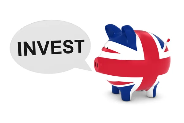 Brittiska flaggan piggy bank med Invest text Speech Bubble 3D illustration — Stockfoto