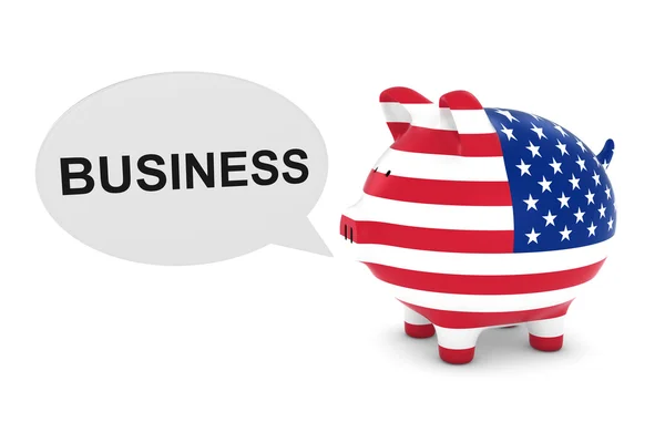 Amerikaanse vlag Piggy Bank met Business tekst toespraak bubble 3D illustratie — Stockfoto