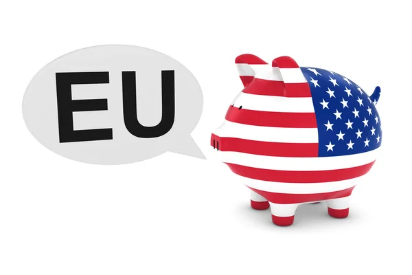 Bandeira dos EUA Piggy Bank com Ilustração 3D de Bolha de Texto da UE — Fotografia de Stock