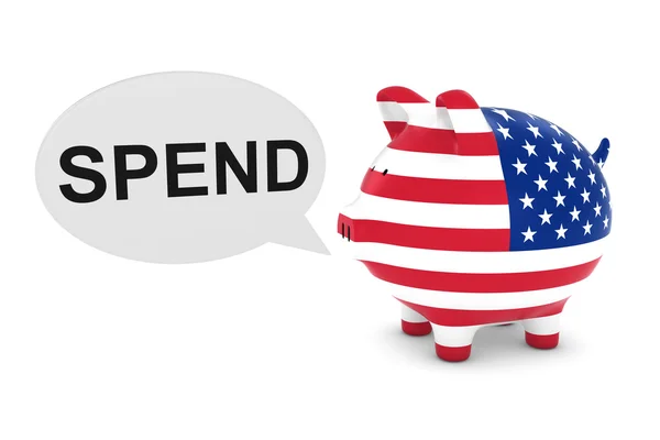 Amerikaanse vlag Piggy Bank met uitgaven tekst toespraak bubble 3D illustratie — Stockfoto