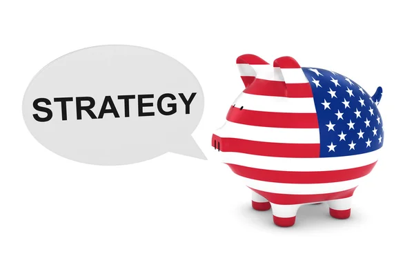 US-Flagge Sparschwein mit Strategie-Text-Sprechblase 3D-Illustration — Stockfoto