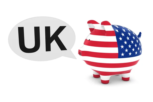 Amerikanska flaggan spargris med Storbritannien text pratbubbla 3D illustration — Stockfoto