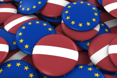 Letonya ve Europe rozetleri arka plan - Letonya ve Avrupa bayrağı yığını düğmeleri 3d çizim