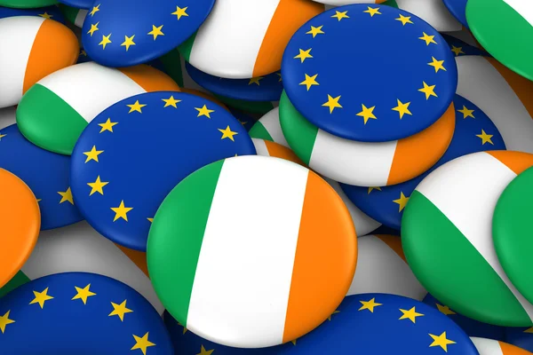 Insignias de Irlanda y Europa Antecedentes - Pila de botones de bandera irlandesa y europea Ilustración 3D — Foto de Stock