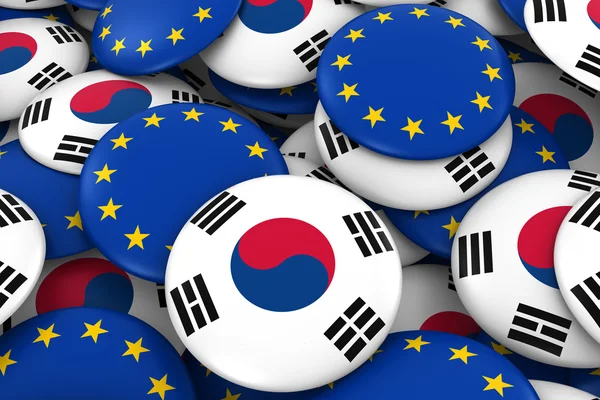 Corea del Sud ed Europa Distintivi sfondo - Mucchio di pulsanti di bandiera sudcoreani ed europei Illustrazione 3D — Foto Stock