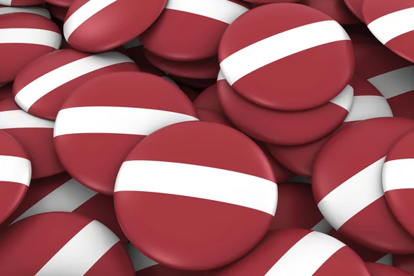 Lotyšsko Badges pozadí-hromádka lotyšských tlačítek příznaků 3D ilustrace — Stock fotografie