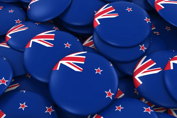 Fundo de emblemas da Nova Zelândia - Pilha de botões de bandeira da Nova Zelândia Ilustração 3D — Fotografia de Stock
