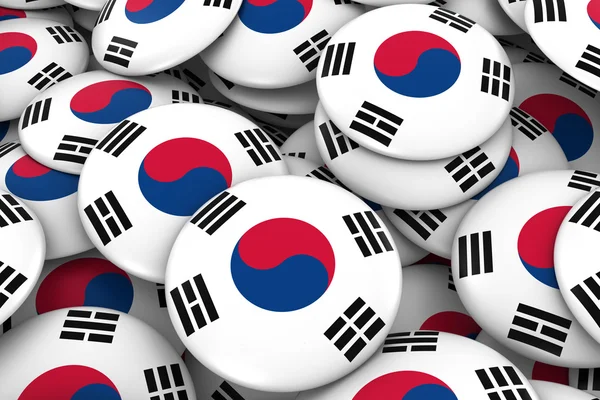 Corea del Sud Distintivi sfondo - Pile of South Korean Flag Buttons Illustrazione 3D — Foto Stock