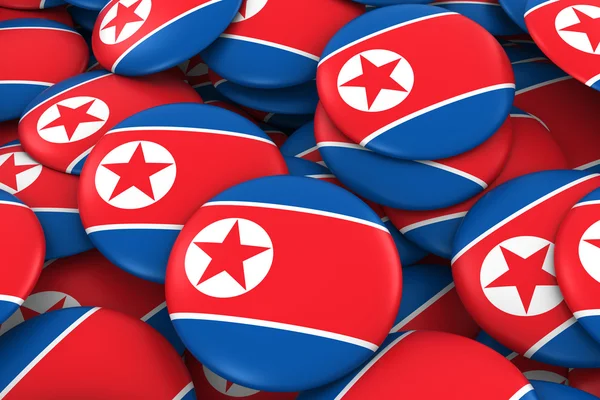 Insignias de Corea del Norte Antecedentes - Montón de botones de bandera de Corea del Norte Ilustración 3D — Foto de Stock