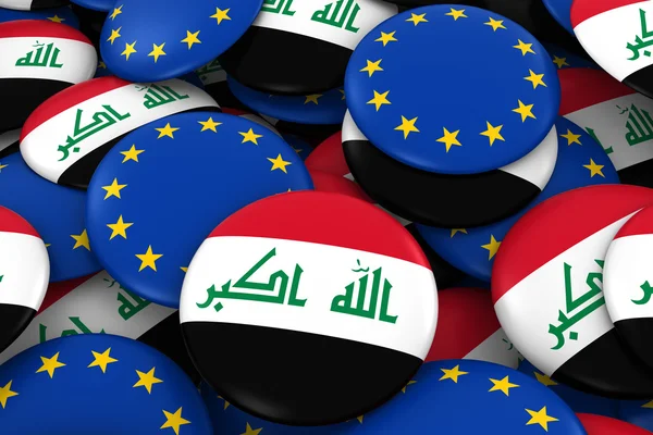 Iraq and Europe Badges Background - Pile of Iraqi and European Flag Buttons 3D Illustration — Stock Photo, Image