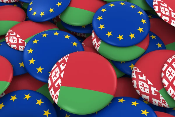 Belarus and Europe Badges Background - Pile of Belarusian and European Flag Buttons 3D Illustration — Stock Photo, Image