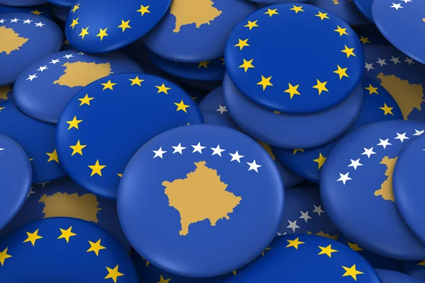 Kosovo and Europe Badges Background - Pile of Kosovan and European Flag Buttons 3D Illustration — Stock Photo, Image