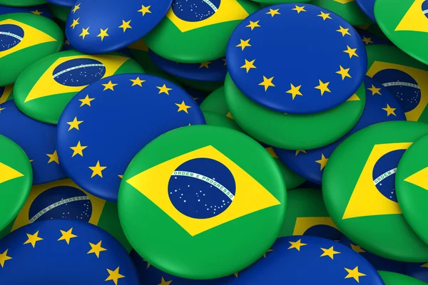 Brasil e Europa Insígnias fundo - Pilha de botões de bandeira brasileira e europeia ilustração 3D — Fotografia de Stock