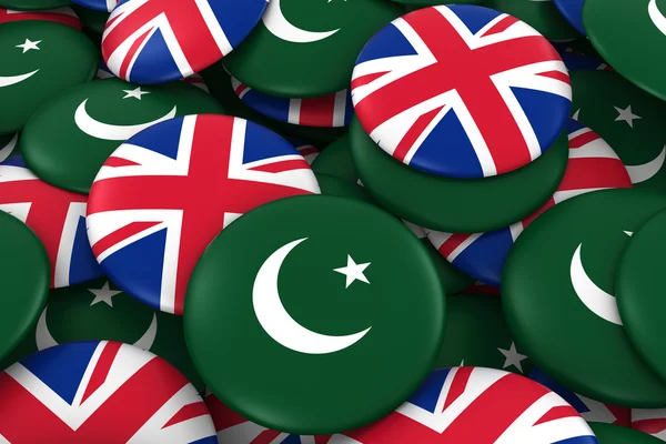 Pakisztán és az Egyesült Királyság jelvények háttér-halom pakisztáni és brit zászló gombok 3D illusztráció — Stock Fotó
