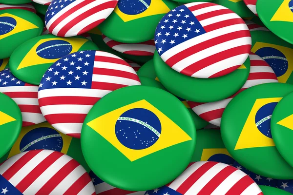 Brazilië en USA badges achtergrond-stapel van Braziliaanse en Amerikaanse vlag knoppen 3D illustratie — Stockfoto