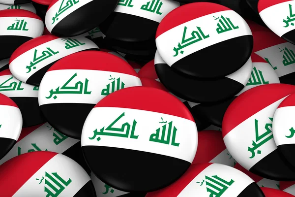 Fundo de emblemas do Iraque - Pilha de botões de bandeira iraquiana ilustração 3D — Fotografia de Stock