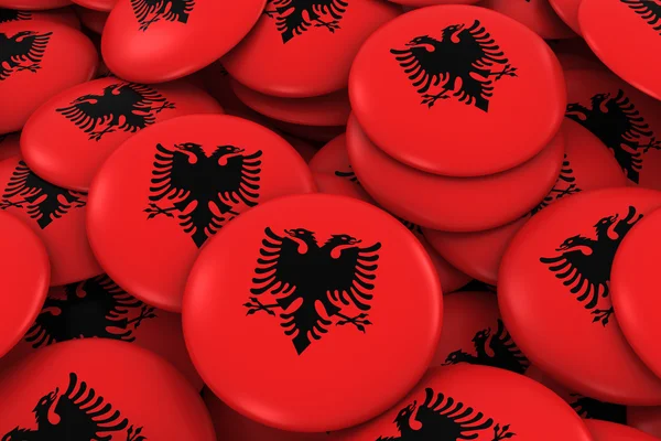 Albânia Emblemas fundo - Pilha de botões de bandeira albanesa ilustração 3D — Fotografia de Stock