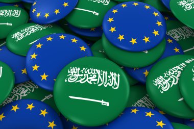 Suudi Arabistan ve Europe rozetleri arka plan - Suudi Arabistan ve Avrupa bayrağı yığını düğmeleri 3d çizim