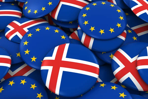 Islandia y Europa Insignias Antecedentes - Montón de Botones de Bandera Islandesa y Europea Ilustración 3D — Foto de Stock