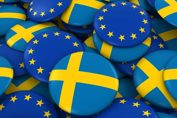3d obrázek tlačítka pro Švédsko a Evropa odznaky pozadí - hromadu švédské a Evropské vlajky — Stock fotografie