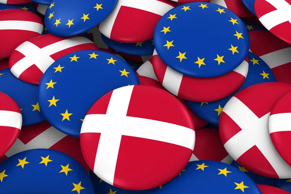 3d obrázek tlačítka pro Dánsko a Evropa odznaky pozadí - hromadu dánských a Evropské vlajky — Stock fotografie