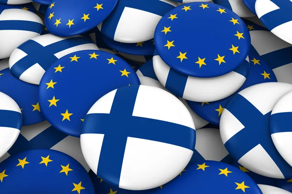 Finlandia y Europa Insignias Antecedentes - Pila de botones de bandera finlandesa y europea Ilustración 3D — Foto de Stock