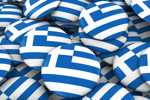 Grecia Distintivi sfondo - Mucchio di bandiera greca Pulsanti 3D Illustrazione — Foto Stock