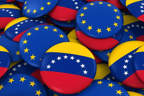 Venezuela en Europa Badges achtergrond - stapel van Venezolaanse en Europese vlag knoppen 3d illustratie — Stockfoto