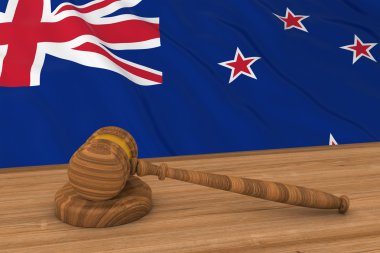 Yeni Zelanda hukuk kavramı - Yeni Zelanda yargıcın arkasında bayrağı tokmak 3d çizim