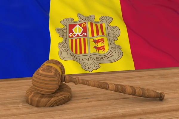 Concept de droit andorran - Drapeau d'Andorre derrière le marteau du juge Illustration 3D — Photo
