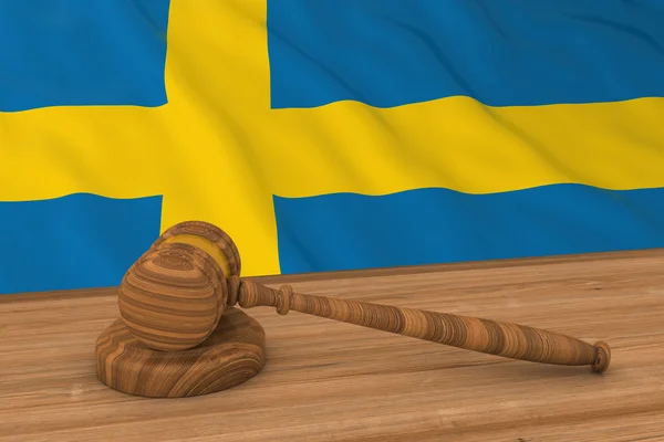 Concepto Sueco de Derecho - Bandera de Suecia Detrás del Martillo del Juez Ilustración 3D — Foto de Stock
