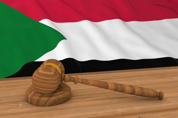 Conceito de Direito Sudanês - Bandeira do Sudão Por Trás da Ilustração 3D do Martelo do Juiz — Fotografia de Stock