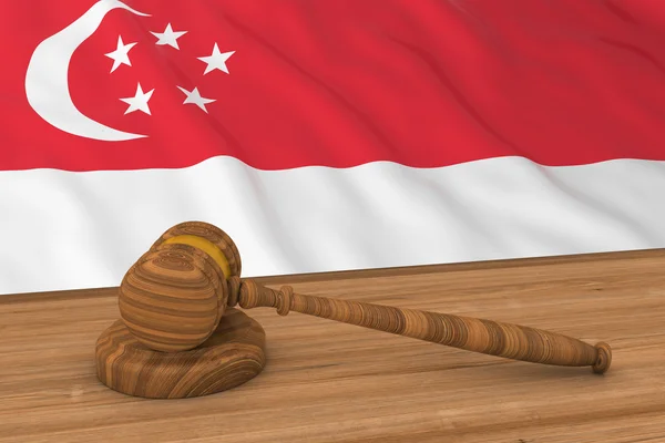 Conceito de Direito de Cingapura - Bandeira de Cingapura por trás da ilustração 3D Gavel do Juiz — Fotografia de Stock