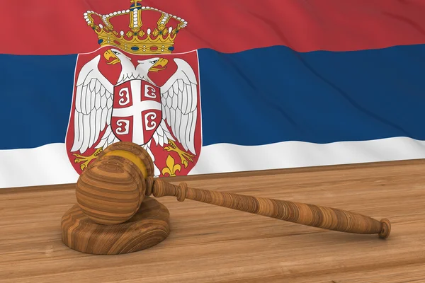 塞尔维亚法律概念 - 法官Gavel 3d插图背后的塞尔维亚国旗 — 图库照片