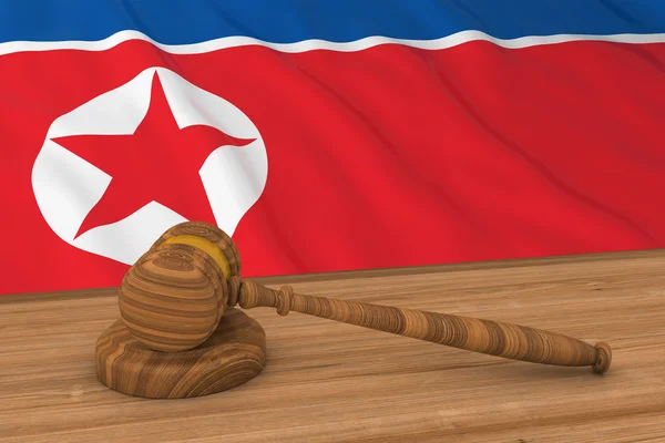Kuzey Kore hukuk kavramı - yargıcın arkasında Kuzey Kore bayrağı tokmak 3d çizim — Stok fotoğraf