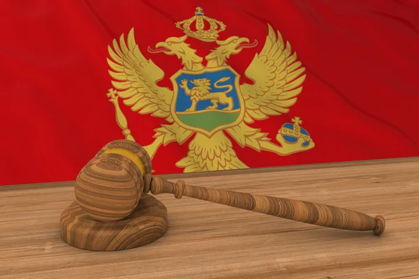 Montenegrijnse wet Concept - vlag van Montenegro achter rechter hamer 3d illustratie — Stockfoto