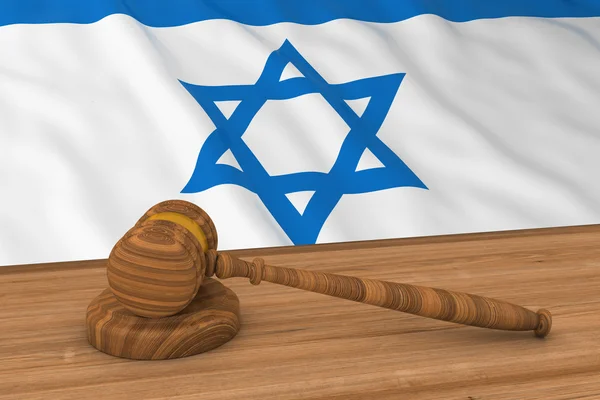 イスラエルの法律の概念 - 裁判官のガヴェル3Dイラストの背後にあるイスラエルの旗 — ストック写真