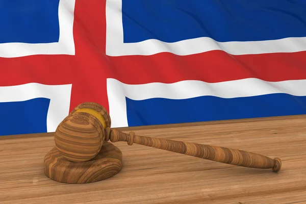 Ισλανδική έννοια του δικαίου-σημαία της Ισλανδίας πίσω από το σφυρί του δικαστή 3D εικόνα — Φωτογραφία Αρχείου