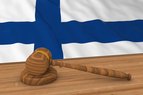 Concepto de Ley Finlandesa - Bandera de Finlandia Detrás del Martillo del Juez Ilustración 3D — Foto de Stock