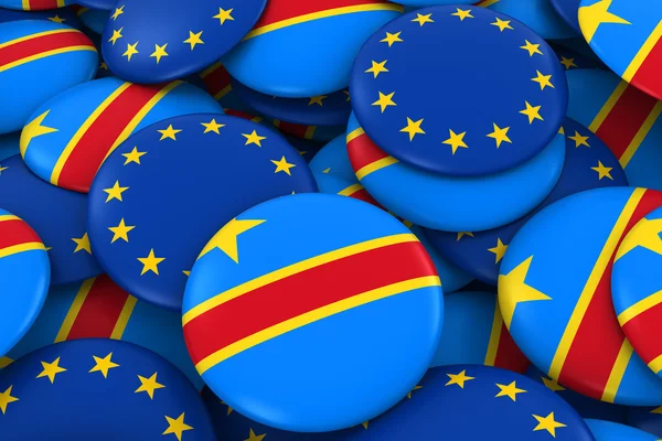 DR Congo and Europe Badges Background - Pile of Congolese and European Flag Buttons 3D Illustration — Stock Photo, Image