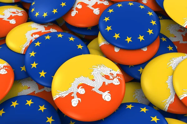 Bhutan and Europe Badges Background - Pile of Bhutanese and European Flag Buttons 3D Illustration — Stock Photo, Image