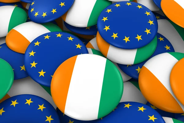 Cote d 'Ivoire y Europa Insignias Antecedentes - Pila de botones de bandera marfileña y europea Ilustración 3D — Foto de Stock