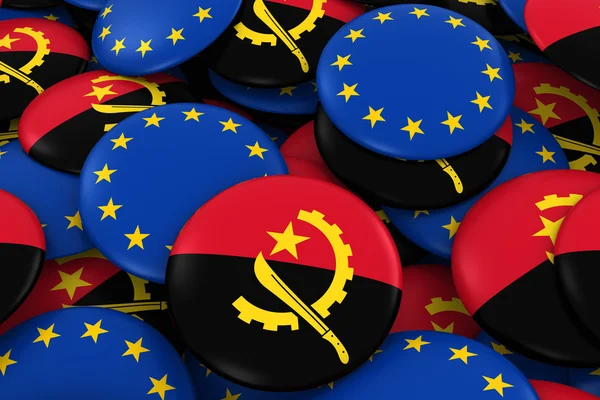 Angola and Europe Badges Background - Pile of Angolan and European Flag Buttons 3D Illustration — Stock Photo, Image