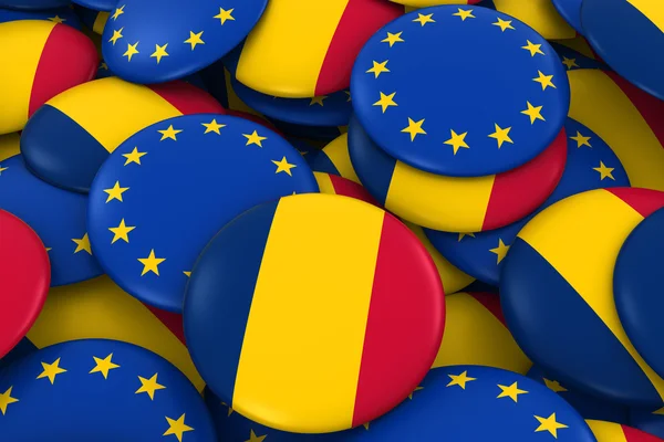 Chad and Europe Badges Background - Pile of Chadian and European Flag Buttons 3D Illustration — Stock Photo, Image